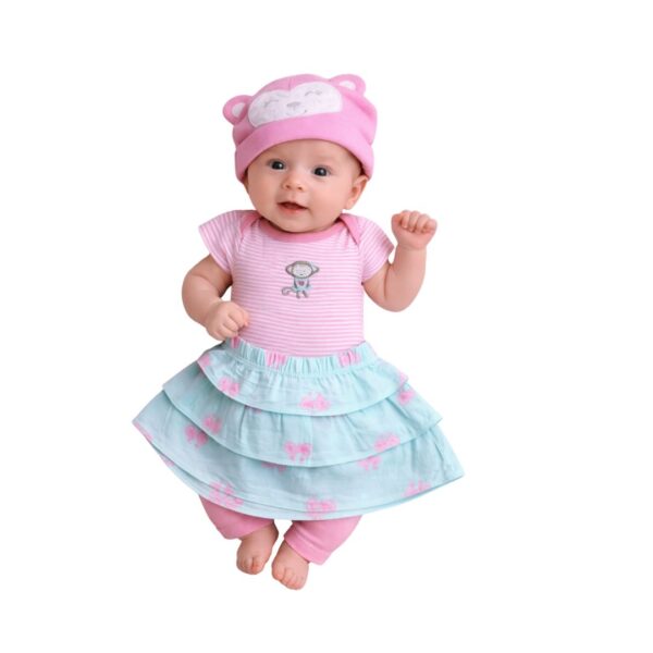 Conjunto para bebé con body rosado, faldita y gorrito