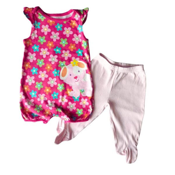 Conjunto tierno para bebé: body floral con perrito + pantalón cómodo (3-6 meses)